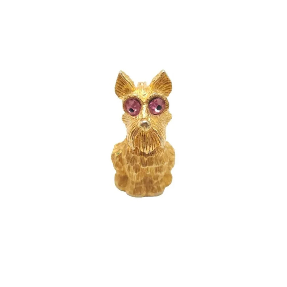 Signed JJ Pink Rhinestone Textured Dog Face Brooch Pin Gold Tone Vintage